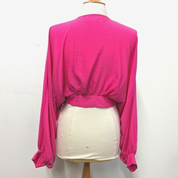 Blush Boutique Hot Pink Crop Top with Deep V and Bishop Sleeve L - Picture 4 of 10